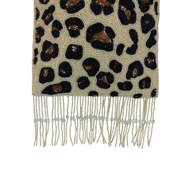 Handcrafted Beaded Leopard Print Double Handles With Fringe Women’s Clutch Sz S - Picture 2 of 8